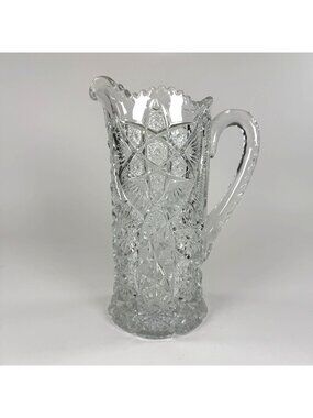 Early American Pressed Glass Water Pitcher Scalloped Edges Pattern Glass 11 Inch
